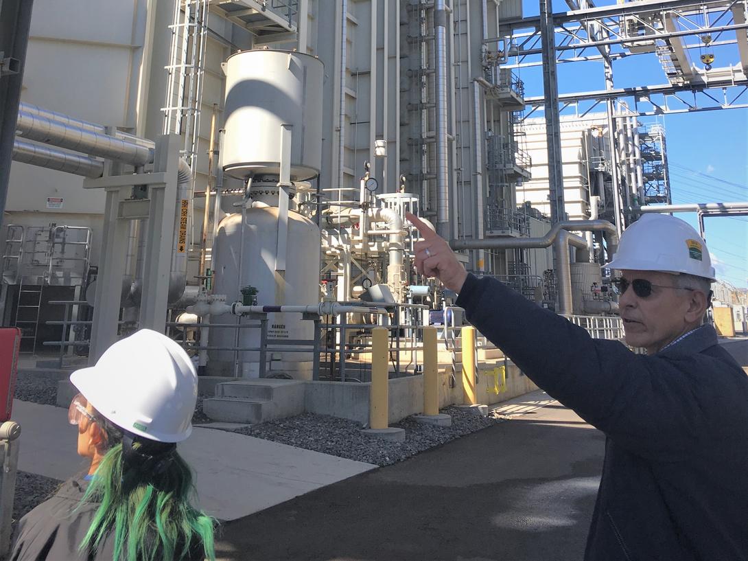 Carl La Peter, plant manager at Palomar Energy Center, educates students on how the power plant converts and transfers energy, from clean natural gas, to produce electricity for 420,000 homes.